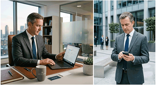 Business Person checking email on their laptop and then on their phone.