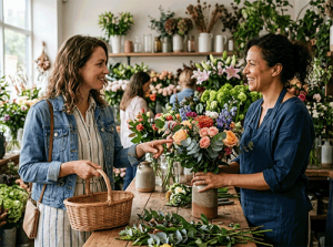 Flower shop owner interacting with a customer.